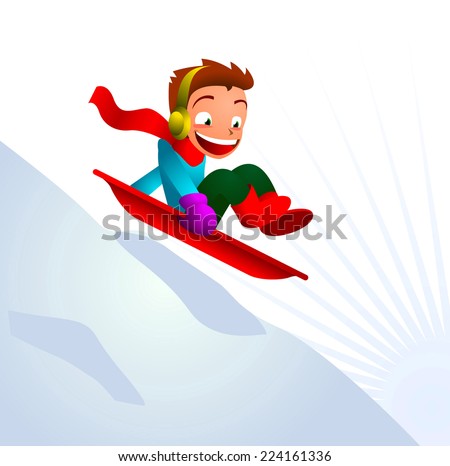 Boy sledging skiing downhill winter snow mountain in the snow. Vector ...