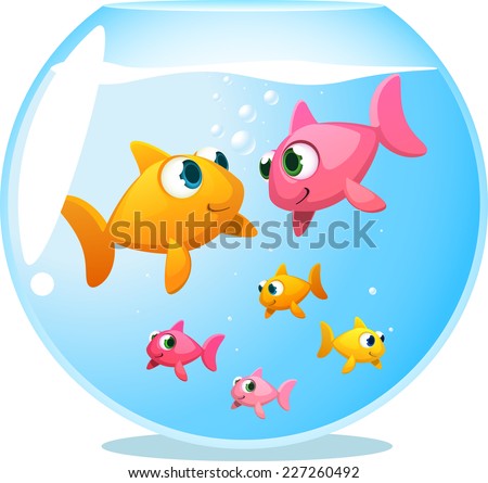 Goldfish happy family, with mother fish and father fish staring at each other and 4 baby fish playing under them vector illustration.