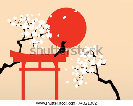 Japanese torii("bird perch") with a bird and sakura branches