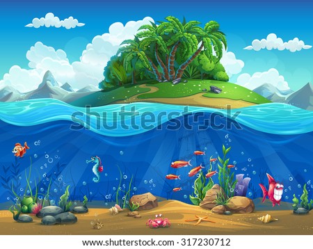 Cartoon underwater world with fish, plants, island