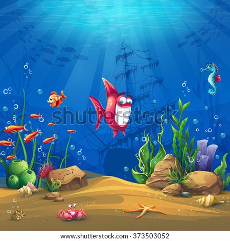 Undersea with fish. Marine Life Landscape - the ocean and the underwater world with different inhabitants. For design websites and mobile phones, printing.