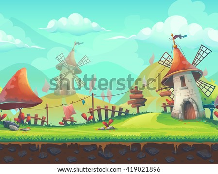 Seamless cartoon stylized vector illustration on the theme of the European landscape with a windmill. For print, create videos or web graphic design, user interface, card, poster.