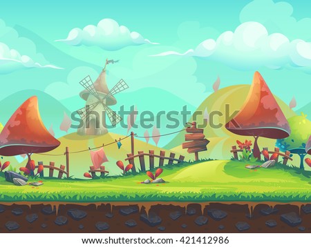 Seamless cartoon stylized vector illustration on the theme of the European landscape with a trees. For print, create videos or web graphic design, user interface, card, poster.