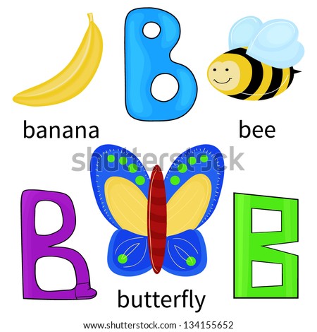 cartoon alphabet for children, letter b and objects isolated on white ...