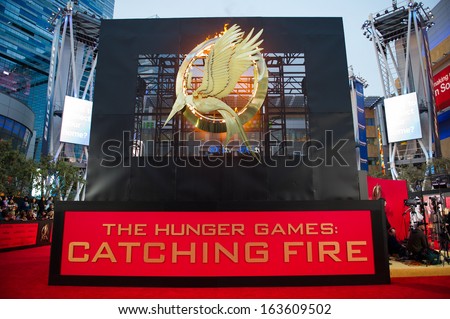 LOS ANGELES, CA - NOVEMBER 18: The entrance to the premiere of The Hunger Games: Catching Fire at the Nokia Theater in Los Angeles, CA on November 18, 2013