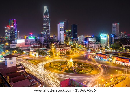 HO CHI MINH, VIETNAM - 24 March, 2014, Night traffic around Quach Thi Trang park in Ho Chi Minh city, Vietnam