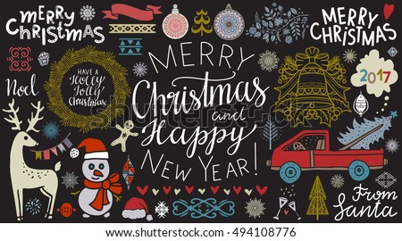 Christmas, New Year hand drawn icons set isolated on chalk board background