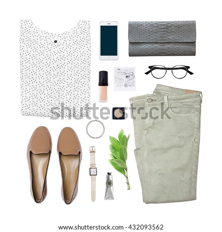 collection collage of women's clothing isolated white background