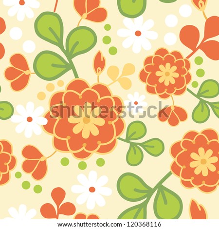 Vector orange kimono seamless pattern background with hand drawn colorful flowers.