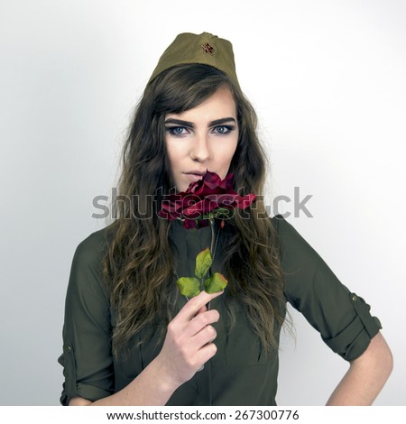 Woman Wearing Russian Soldier Hat 15