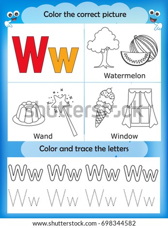 Alphabet Learning Letters Coloring Graphics Printable Worksheet For Preschool Kindergarten Kids Letter W