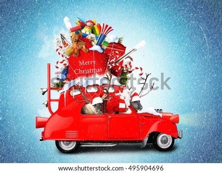 Santa Claus with reindeer in a car with gifts