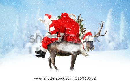 Santa Claus with reindeer and gifts on the country