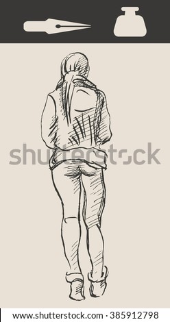 Casual Street Walking Etching Women Girl Stock Vector 385912798