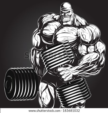 Illustration: a ferocious bodybuilder with dumbbell - stock vector