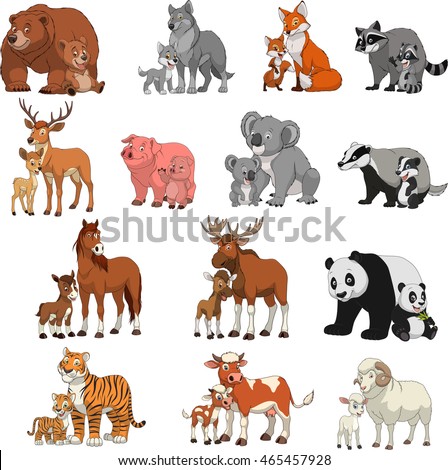 stock vector vector illustration set of funny exotic animals children and parents 465457928