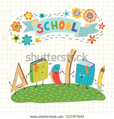 School set books, rulers, pencils, pen and eraser.
