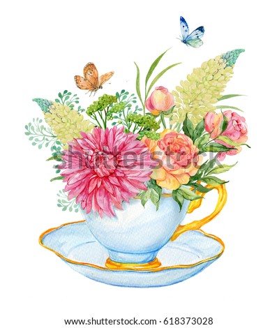 Bouquet Flower Cup Illustration Watercolor Greeting Stock Illustration ...