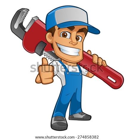 Friendly plumber, he is dressed in work clothes and carrying a tool