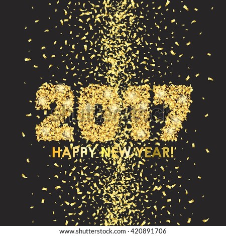 Happy New Year 2017 celebration background. Colorful digital type on black with gold confetti. Greeting card template. Vector illustration.