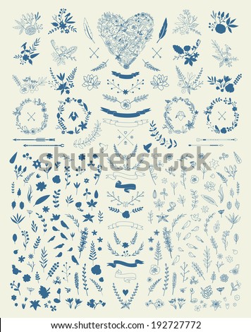 Hand Drawn vintage floral elements. Set of flowers. Decorative elements
