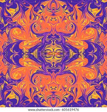 vector colorful violet orange yellow mirrored hand drawn ebru paper marbling liquid paint artwork decoration texture background seamless pattern