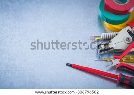 Tester screwdriver electricians tape corrugated wire protection nippers strippers copyspace.