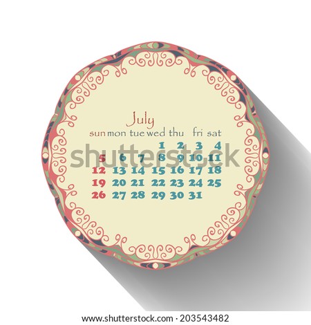 calendar month of july 2015