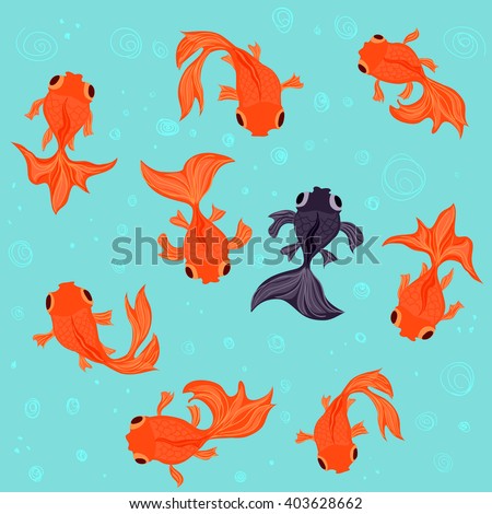 Nine goldfish swimming in a pond. Vector illustration.