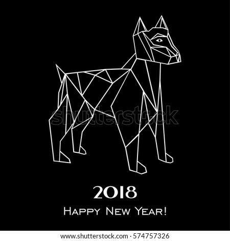 2018 Happy New Year greeting card. Celebration black background with dog and place for your text. Vector Illustration