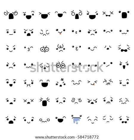 Set Cute Lovely Kawaii Emoticon Doodle Stock Illustration Cartoon Face
