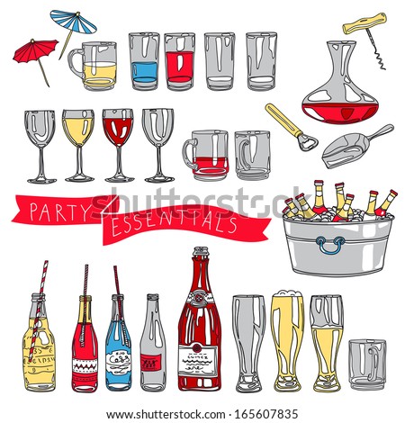 Vector Collection Of Vintage Party Essentials Icons Hand Drawn Illustration With Cocktails Wine Glasses Vector Collection Of Vintage Party Essentials Icons Hand Drawn Illustration With Cocktails Wine Glasses
