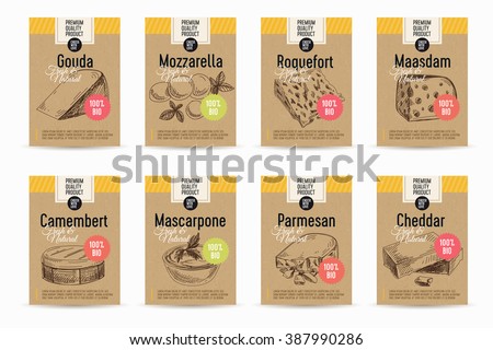 Vector hand drawn cheese posters set .Sketch cards. Milk products.Dairy vintage illustrations.