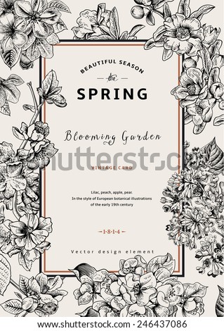 Vintage vector vertical card spring. Black and white blooming branches of lilac, peach, pear, pomegranate, apple tree.