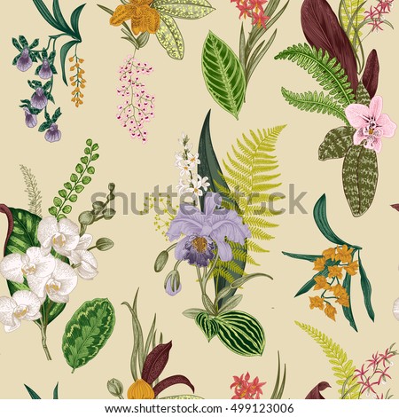 Vector seamless vintage floral pattern. Exotic orchid and leaf. Botanical classic illustration. Colorful