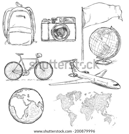 stock vector vector set of travel sketch objects and signs 200879996