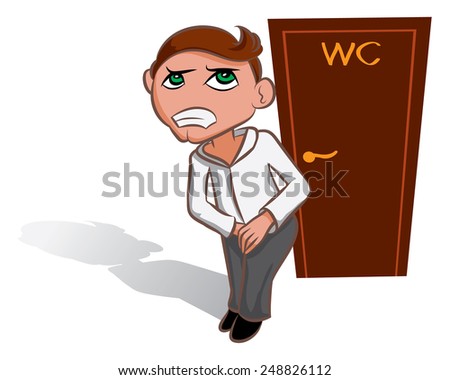 White vector man waiting near WC, toilet sign - stock vector