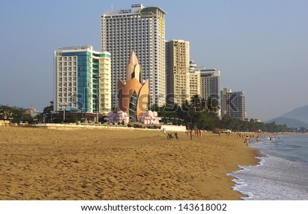 NHA TRANG, VIETNAM - MARCH: View of the city beach and hotels in Nha Trang Vietnam, March 2013.