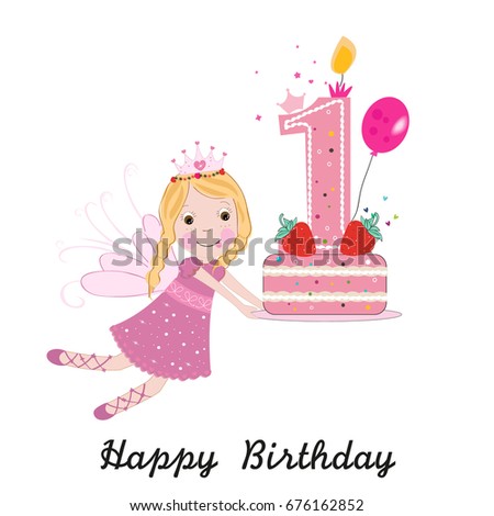 First Birthday Greeting Card Cute Fairy Stock Vector 676162852 