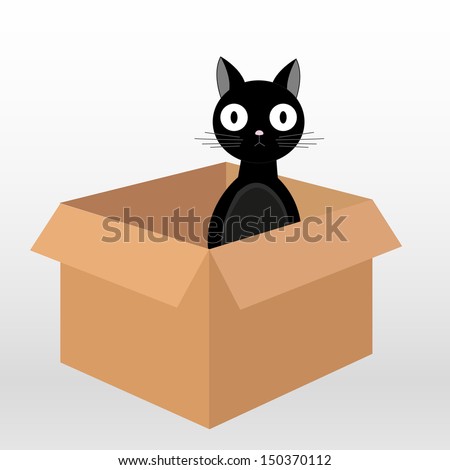 Illustration of a funny black cat sitting in cardboard box and looking ...