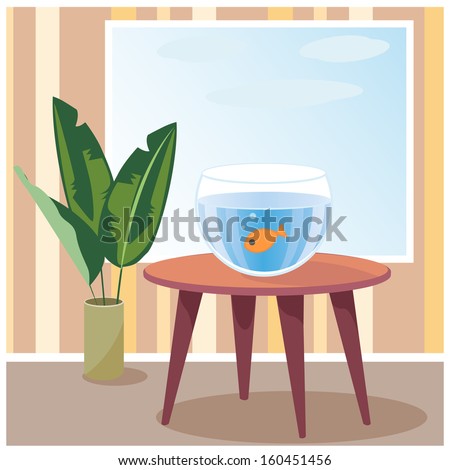 Vector illustration of a goldfish in aquarium which is on table in room. EPS 10