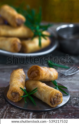 Fried Chinese duck spring rolls and sweet chili dip
