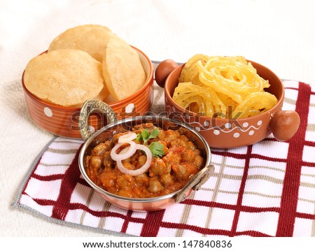 Food Chana Puri, Jalebi Sweet - stock photo