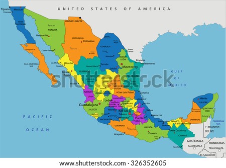 colorful mexico political map with clearly labeled separated layers vector illustration