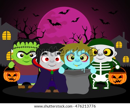 Cute Halloween Card Frankenstein Ghost Witch Stock Vector 86524111 ...