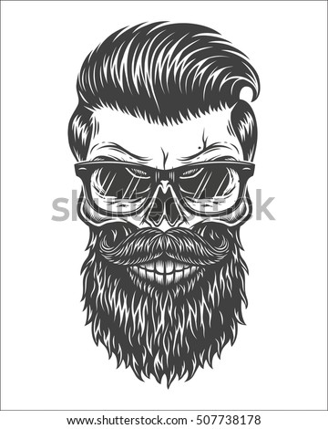 Monochrome Illustration Skull Beard Mustache Hipster Stock 