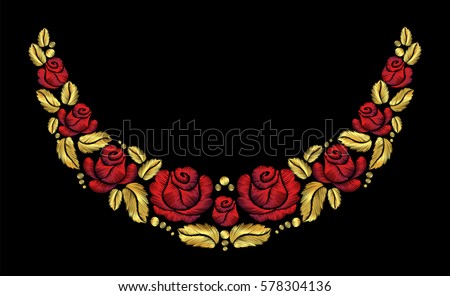 Embroidery crewel flower necklace traditional ornament decoration red roses leaves blueberry rich glowing golden gold design vector illustration vintage retro style design