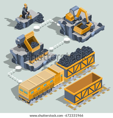 Set of isometric isolated elements, icons of the coal mining industry miner, excavator, dumper, coal trolleys, railway carriage