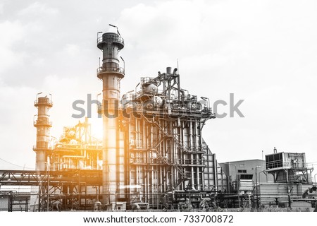 Close up Industrial zone. Plant oil and gas refinery industry. Petrochemical factory area with the sunlight sky background.