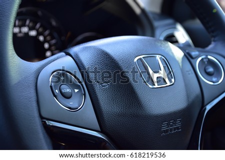 Bangkok, Thailand, April 10, 2017 : View of HONDA steering and meter. Focus on HONDA logo, Black Steering Wheel And Silver, editorial honda hrv